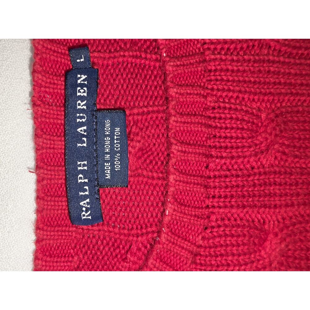 Vintage Ralph Lauren Womens L Red Cable Knit Cotton Crewneck Sweater Pony - Picture 3 of 7